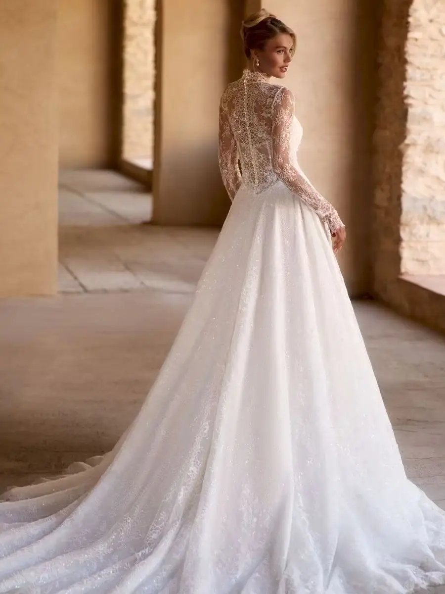 RODDRSYA maßgeschneiderte funkelnde Spitze Brautkleid für Frauen 2026 Illusion Langärmelige Brautkleider Hoher Schlitz Eine Linie brautkleid Bodenlänge Spitze Brautkleid Schlitz Langärmeliges