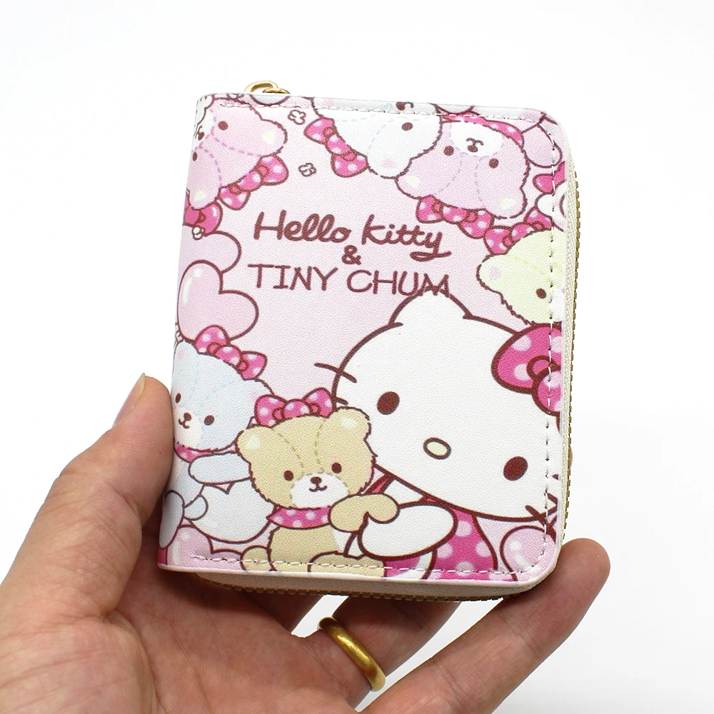 Sanrio-billeteras de Hello Kitty para mujer, portatarjetas de cuero portátil, monedero con cremallera para niñas, regalo para estudiantes, billetera pequeña de dibujos animados