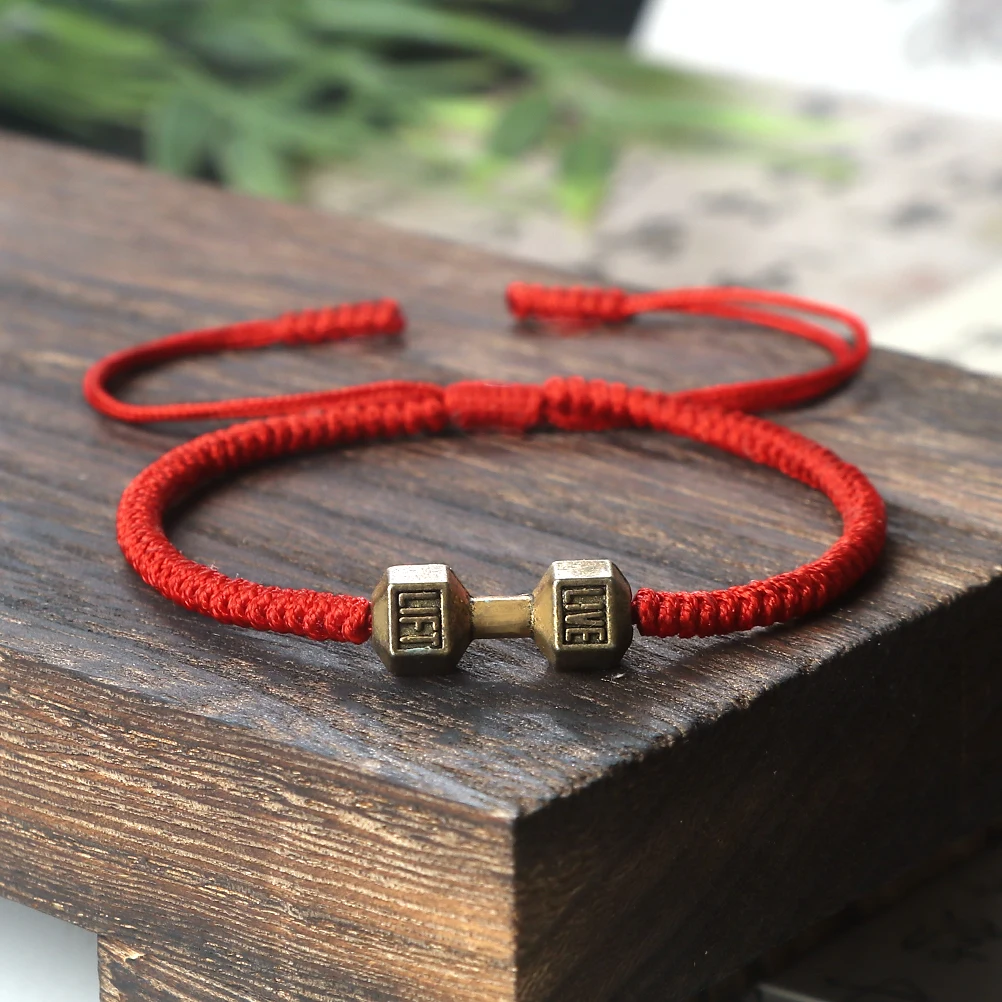 Charm Men Dumbbell Strand Bracelets Handmade Braid Knot Adjustable  Bracelets Women Barbell Fitness Energy Jewelry Couple Gifts