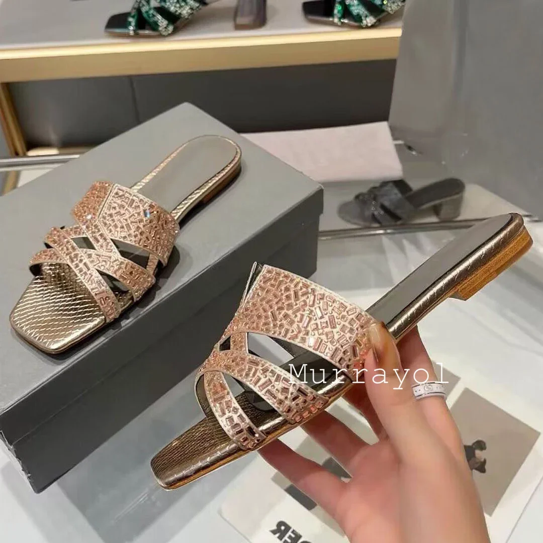 Open Toe Bling Bling Rhinestone Decor Slippers Women Square Toe Glitrey Thick High Heels Sandals Summer Party Dress Shoes