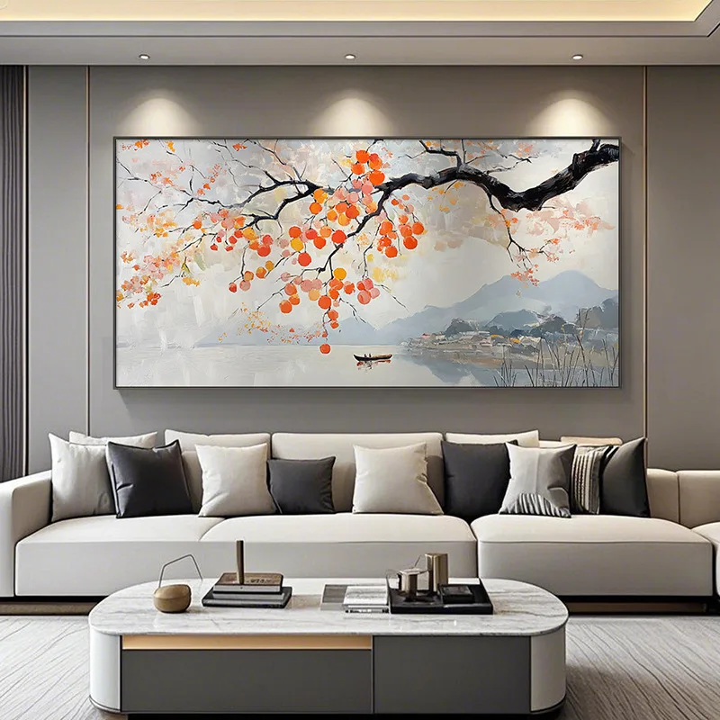 Pintados à mão, pintura a óleo, estilo chinês, sala de estar, sofá, parede de fundo