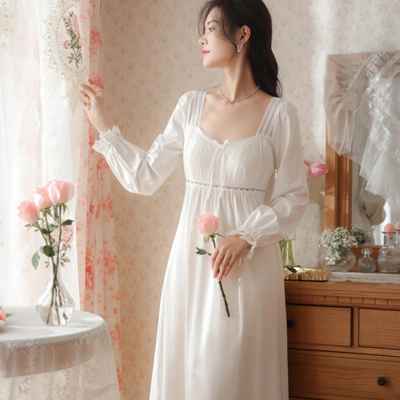 Princess Sleepwear Victorian Night Dress Women Cotton Sexy Lace Ruffles Long Sleeve Peignoir Vintage Nightgowns Fairy Nightdress