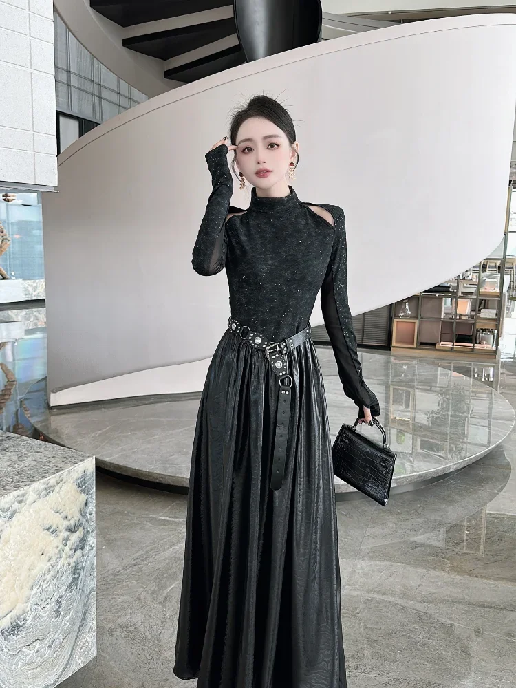 Personalized design model style dress women's 2024 winter new style temperament young slim fit warm long skirt banquet