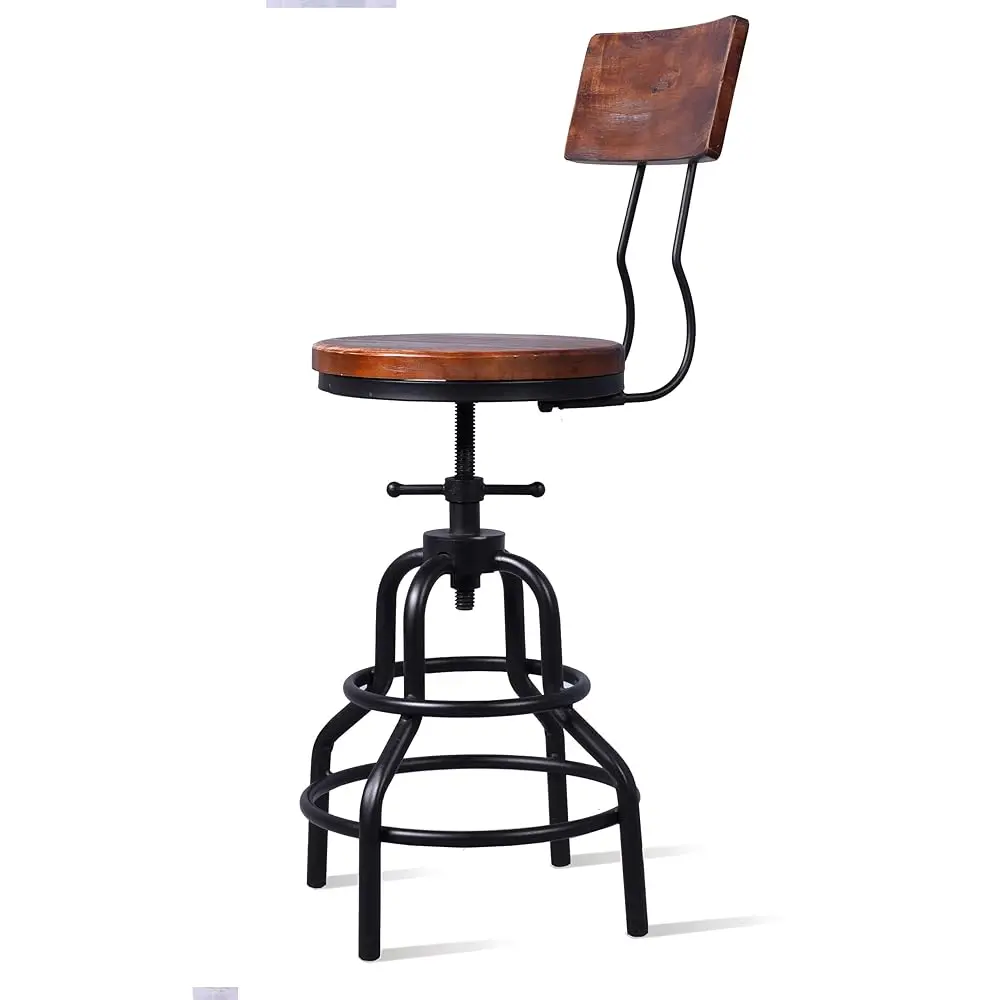 Industrial Vintage Counter Stool, Kitchen Counter Height Adjustable Swivel Chair, Metal Frame Stool, With Wood Backrest,
