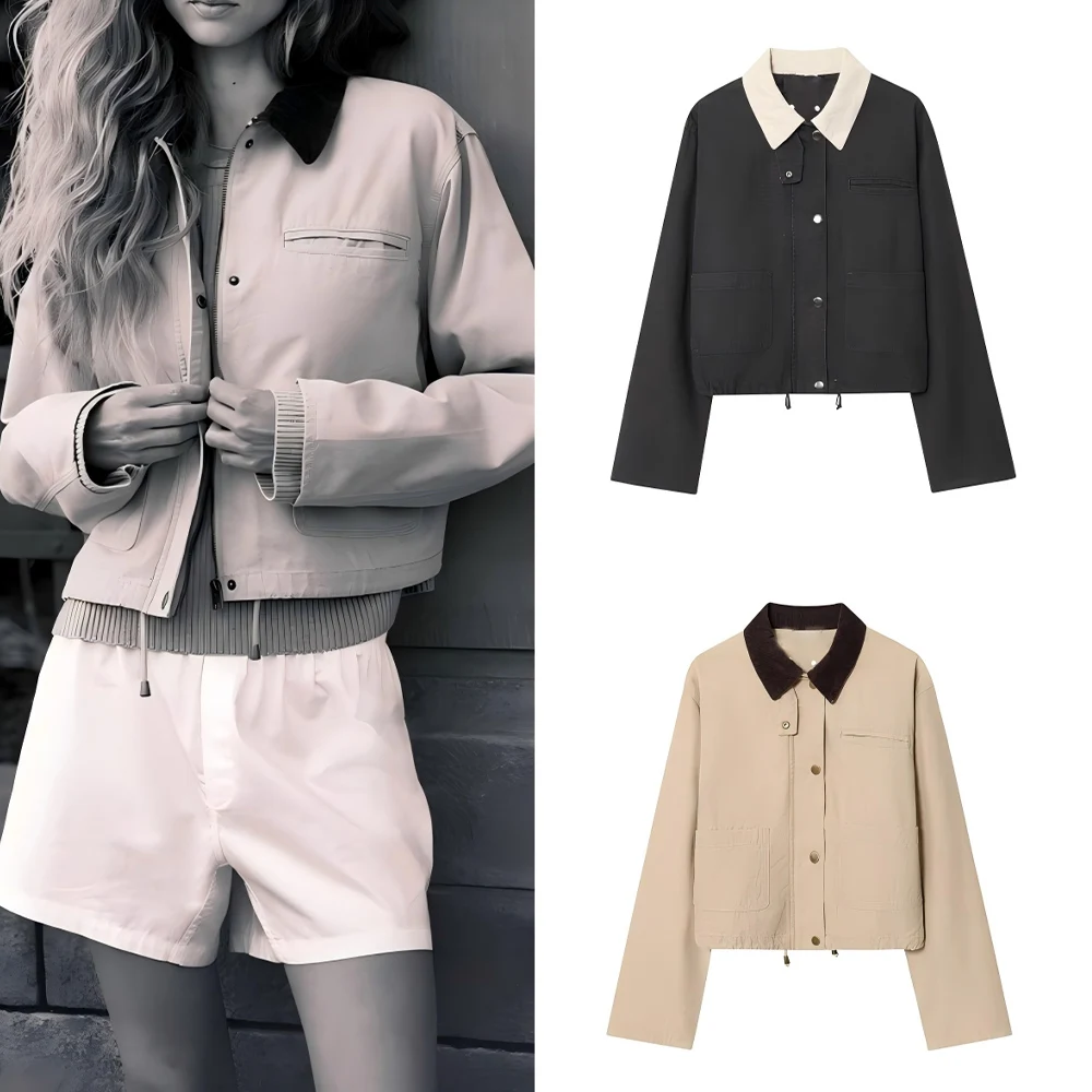 

Women's new fashion corduroy collar design short single breasted jacket Coat retro long sleeved pocket women's Coat chic top