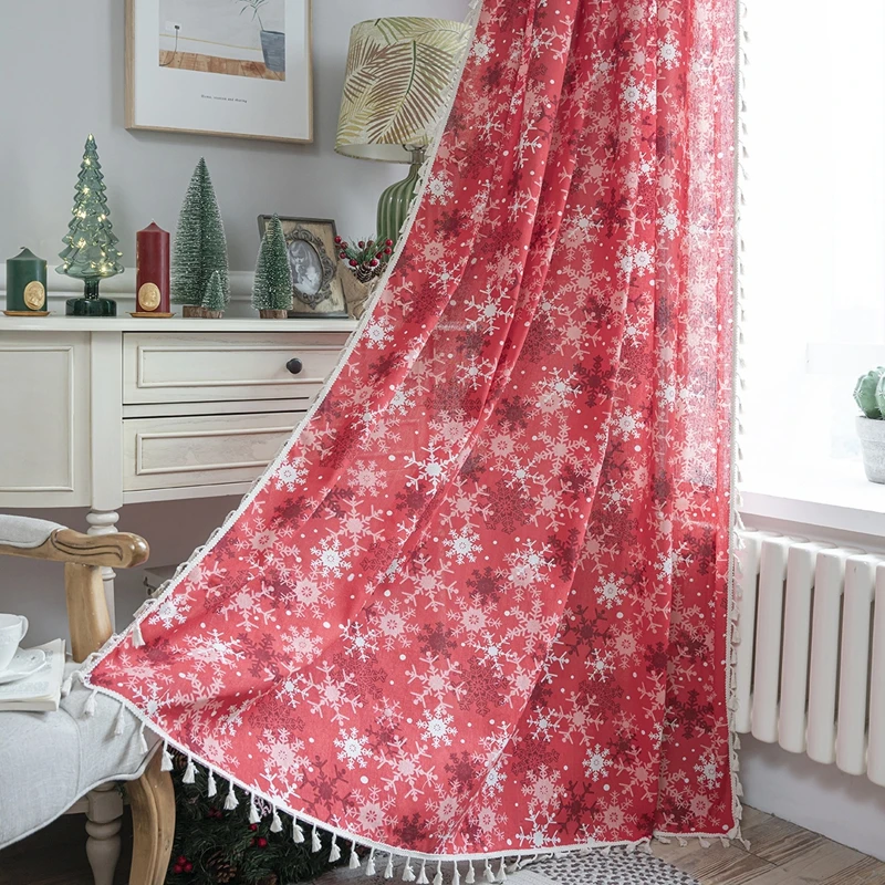 Red Snowflakes Christmas Semi-blackout Kitchen Curtain Partition Valance Bay Window Translucent Living Room Bedroom Curtain