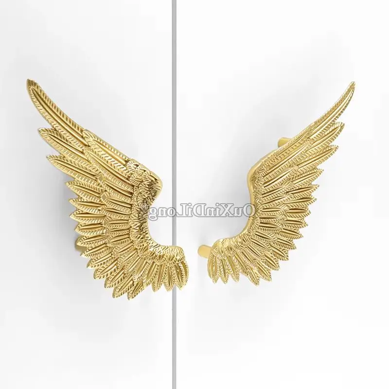 Stunning 2Pairs Solid Brass French Angel Wings Gold Furniture Handles Drawer Pulls Cupboard Wardrobe Kitchen TV Cabinet Pulls