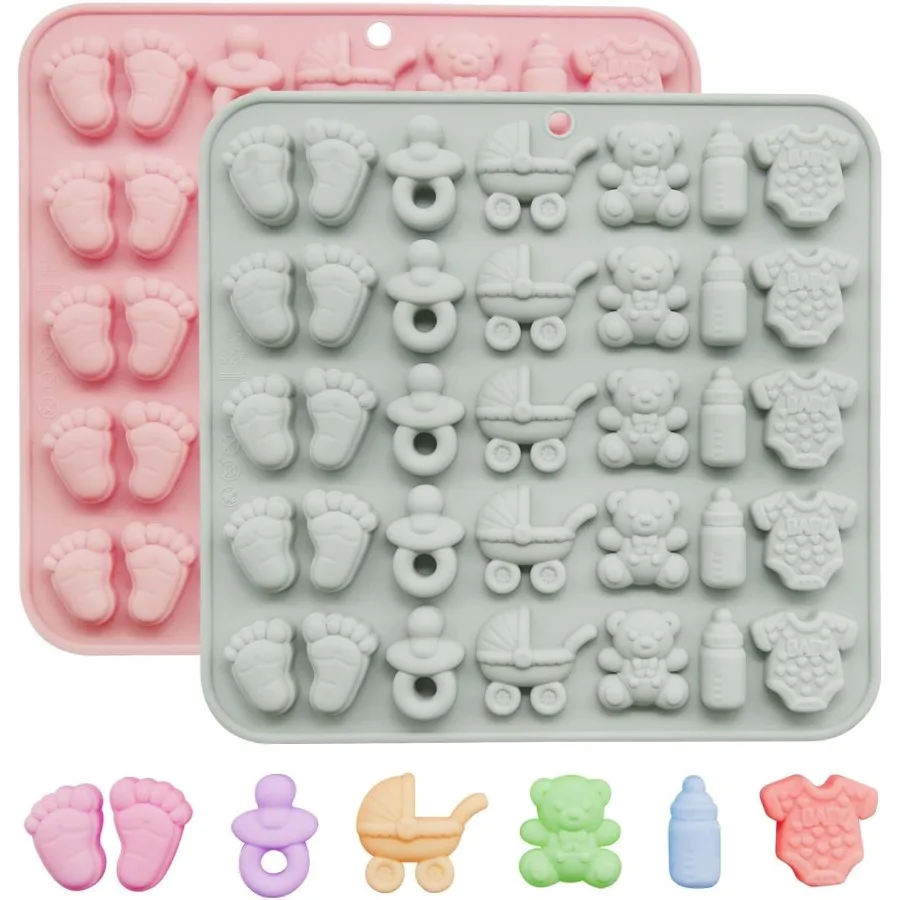 

2Pcs Baby Shower Chocolate Molds Silicone Nonstick Baby Footprint Onesie Bottle Pacier Carriage Bear Shaped Cute Mold Cake Cupc