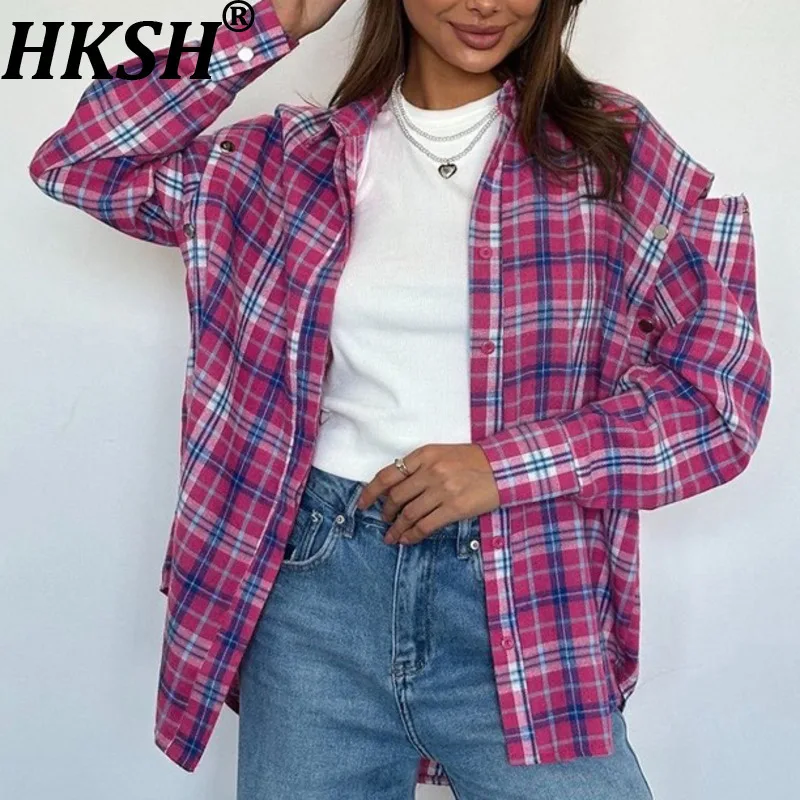 

HKSH Autumn Women New Pink Plaid Detachable Trend Long Sleeve Shirt Fashionable Versatile Turn-down Collar Outerwear Tops HK8657