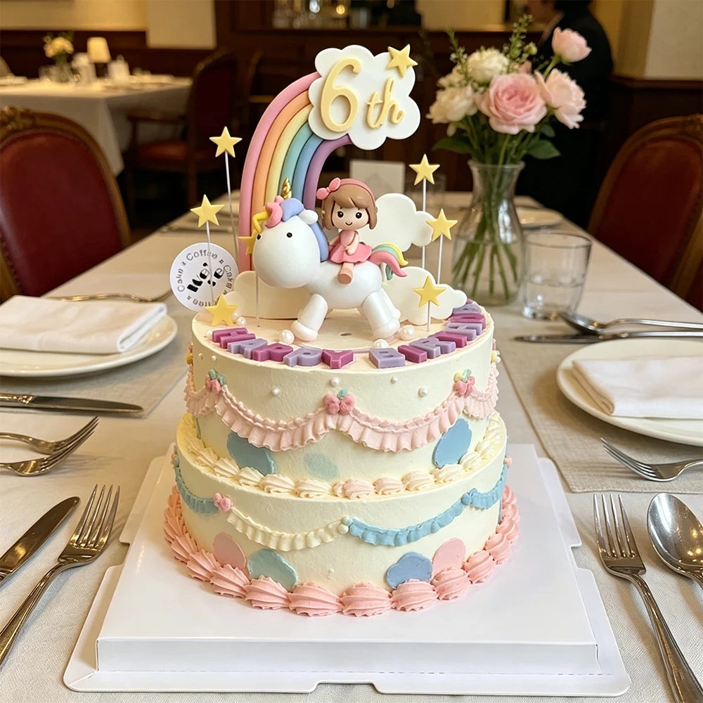 Rainbow Unicorn Cake Topper With Clouds Stars For Girls 1st Year Old Happy Birthday Magical Baby Shower Party Cake Decor Set