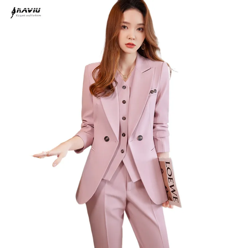 Pink Suits Women High End Autumn New Fashion Temperament Business Formal Slim Blazer And Pants Office Ladies Work Wear Apricot