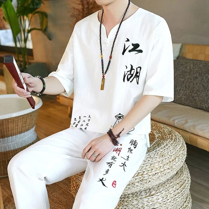 Summer Traditional Chinese Linen Tang Suit Men (Shirt + trousers) Cotton Linen Suit T Shirt Men Kungfu Clothes Tang Suit