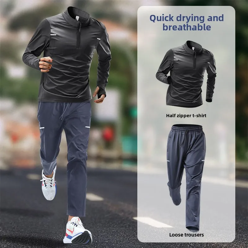 Men\'s Autumn Running Quick-Dry Long Sleeve Tracksuit Set | Fitness Outdoor Morning Jogging Sportswear with Training Pants