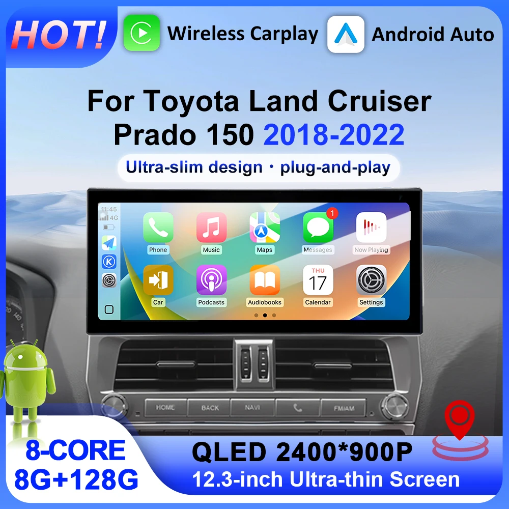 For Toyota Land Cruiser Prado 150 2018-2022 Wireless Carplay Android Auto BT WiFi 4G DSP 12.3-inch QLED Screen car accessories