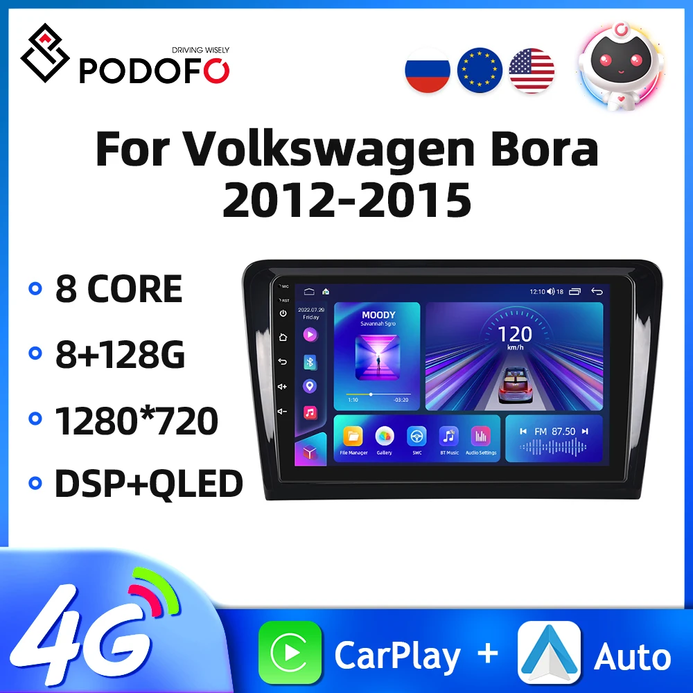 

Podofo 2Din 9'' Car Radio For Volkswagen Bora 2012-2015 Multimedia Player Carplay Android Auto 8+128G AI Voice WIFI Car Stereo