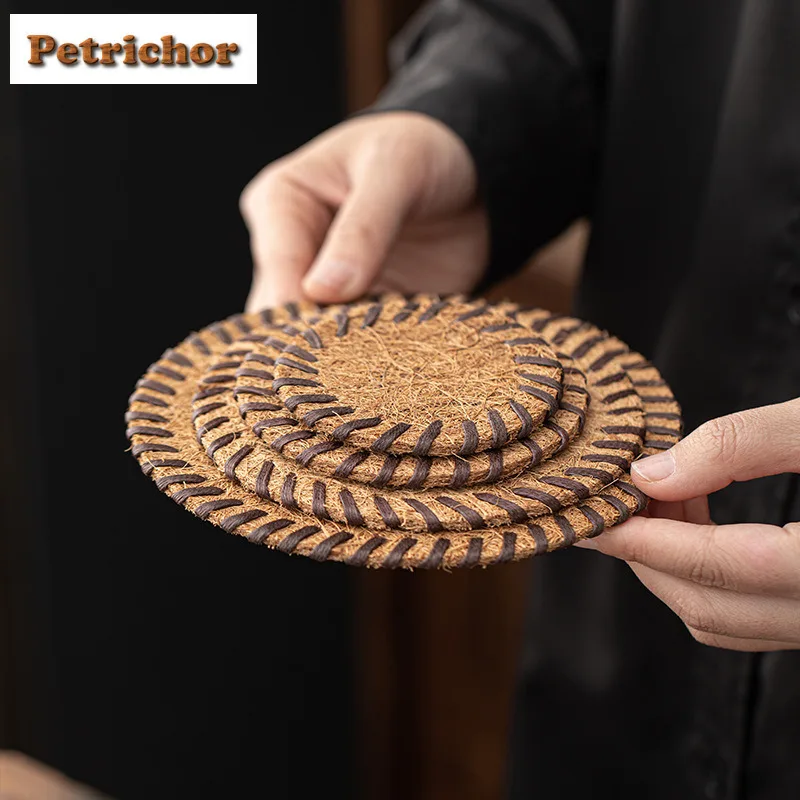 Natural Coconut Fiber Bristle Tea Coaster Covered Round Brown Teapot Mat Anti-scalding Coaster Warmer Mat Placemats Tea Ceremony