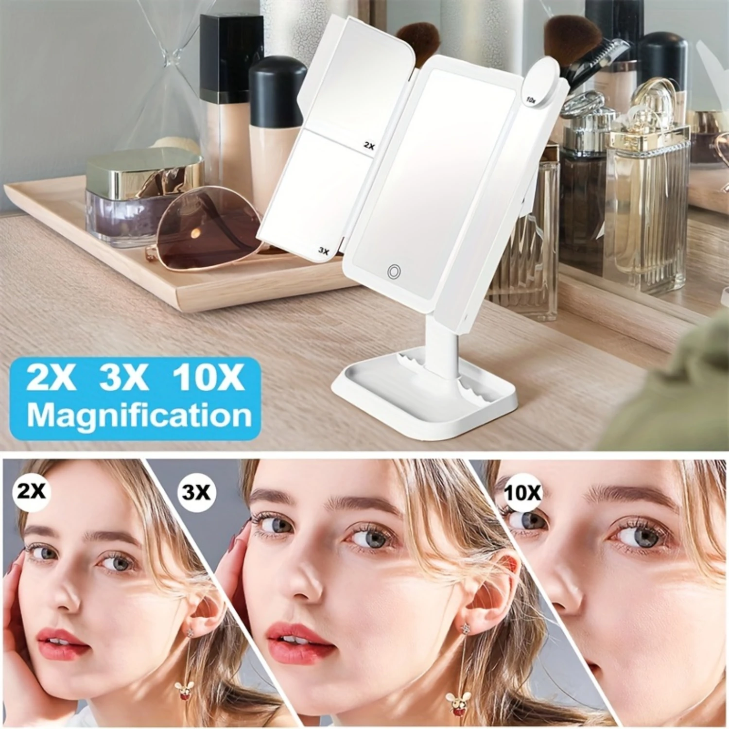 3X/10X/2X การขยายชาร์จ Tri-Fold แต่งหน้ากระจกไฟ, แบบพกพา LED Travel Vanity กระจกปรับ Brigh
