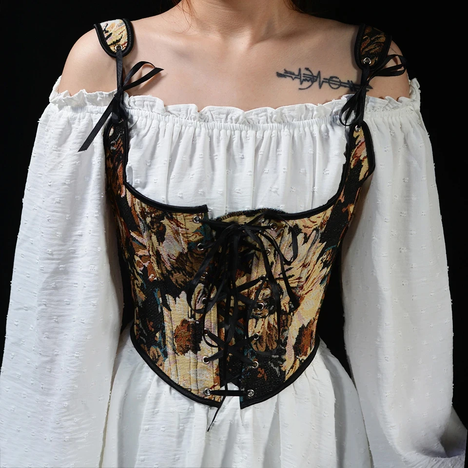 Floral Lace Up Corset Top Renaissance Corset Bustier Crop Top Vintage Corset Lace Tanks Camisole Fairycore Costume