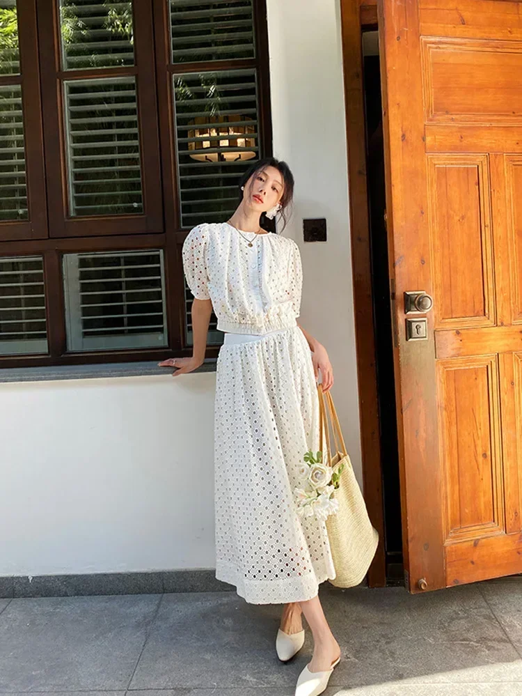 GypsyLady French Chic Elegant Dress Sets Women White Summer 2 Piece Sets Hollow Out Skirt Womens Blouse Ladies Casual Outfits