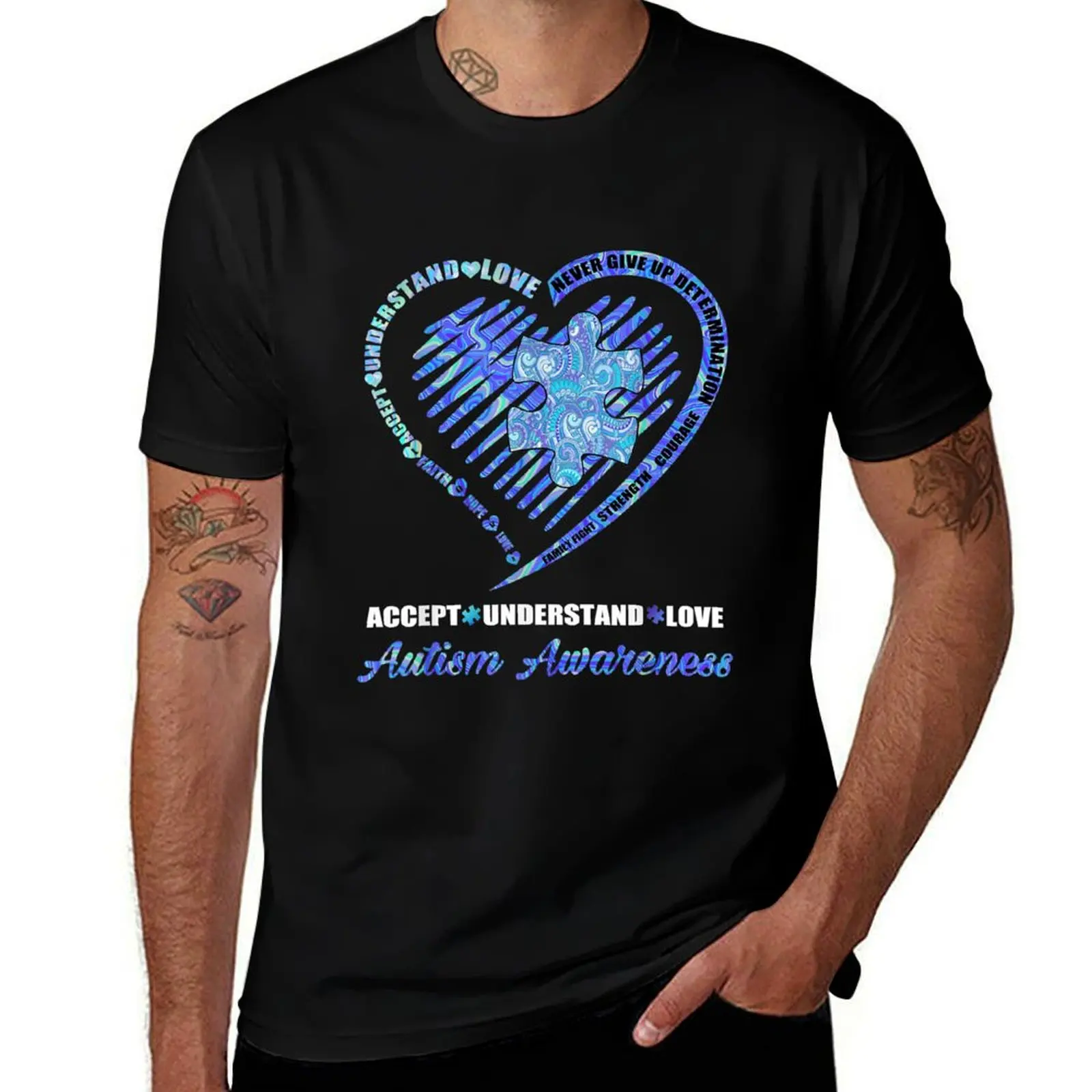 Accept Understand Love Heart Puzzle T-Shirt Basic Solid Tee for Daily Use