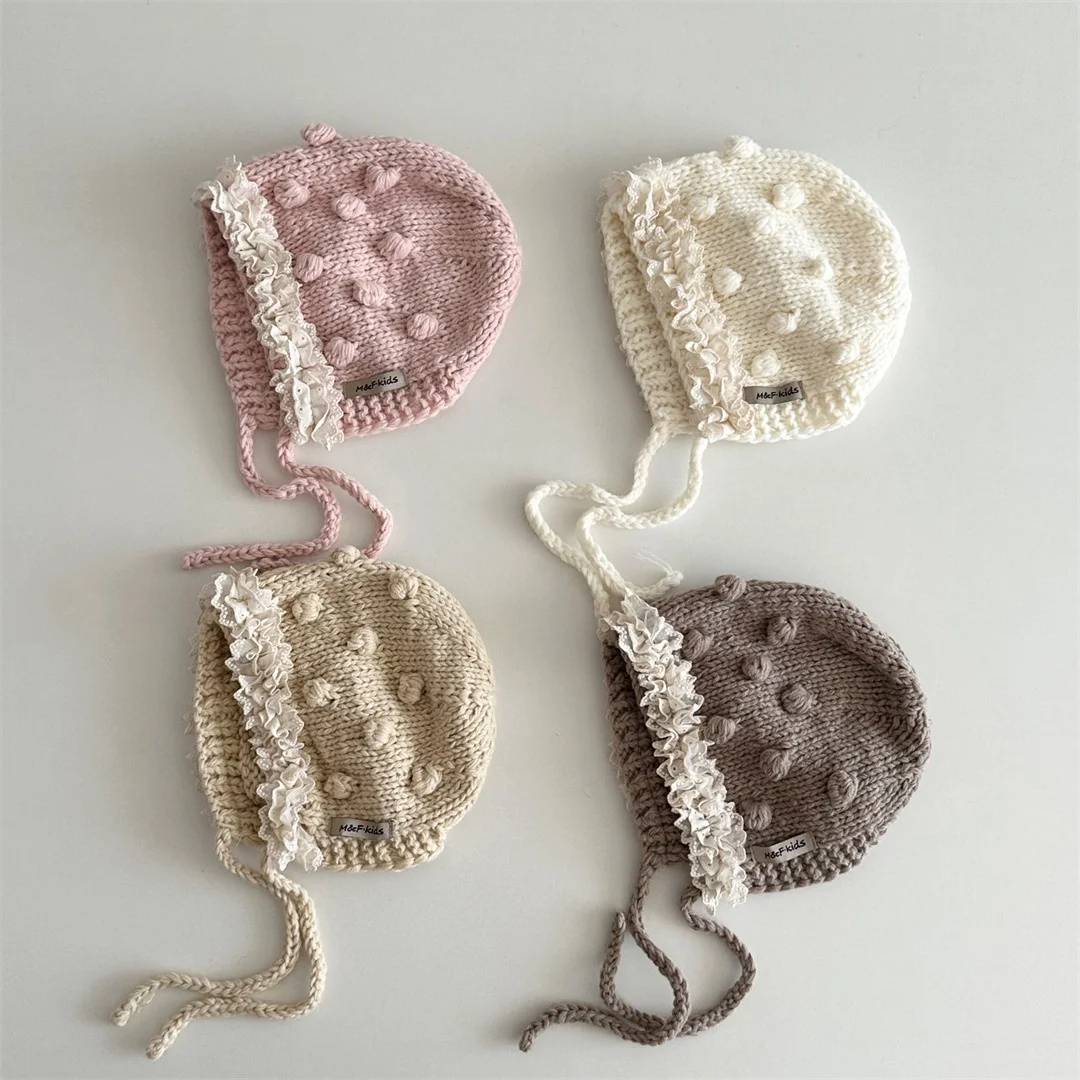 Autumn Knitted Children Hat Lace Trim Letter Patch Beanie for Girls Solid Color Warm Kids Ear Protection Cap