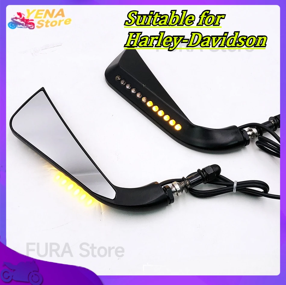 

Side-view mirror and rear-view mirror. Suitable for Harley-Davidson. Comes with all-metal and water-flowing-lamp accessories.