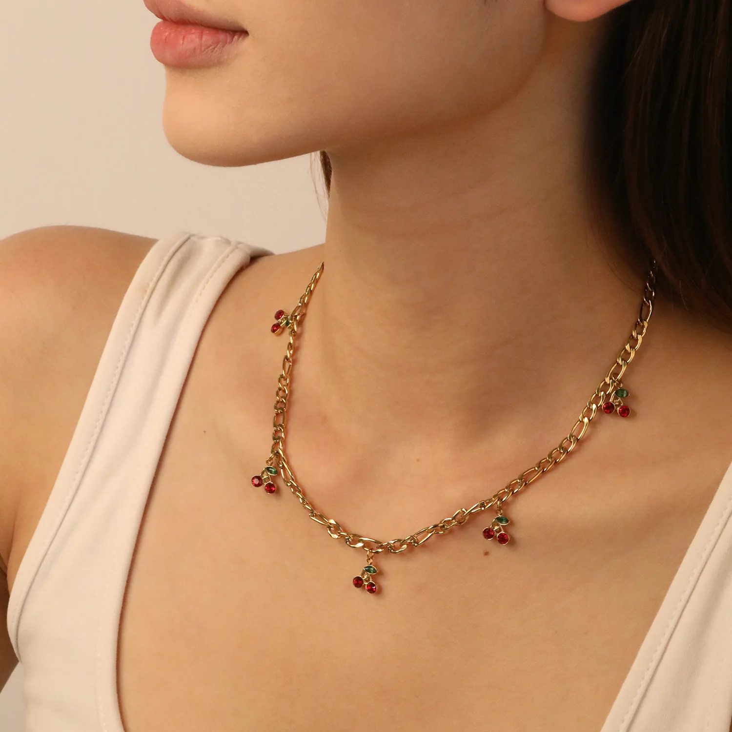 316 Stainless Steel Figaro Chain Scattered Red & Green Zircon Cherry Charm Choker Single Gold Sweet Girly Adjustable Unique Dail