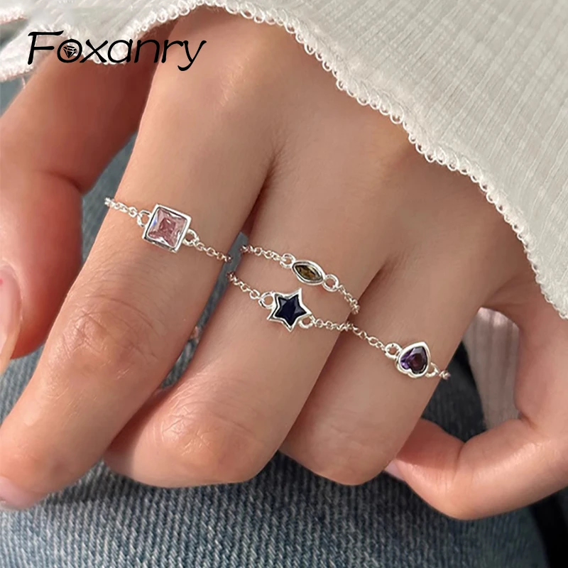 Foxanry Creative Pull Ring For Women Girls Minimalist New Fashion Elegant Sweet Multicolor Zircon Anniversary Party Jewelry Gift