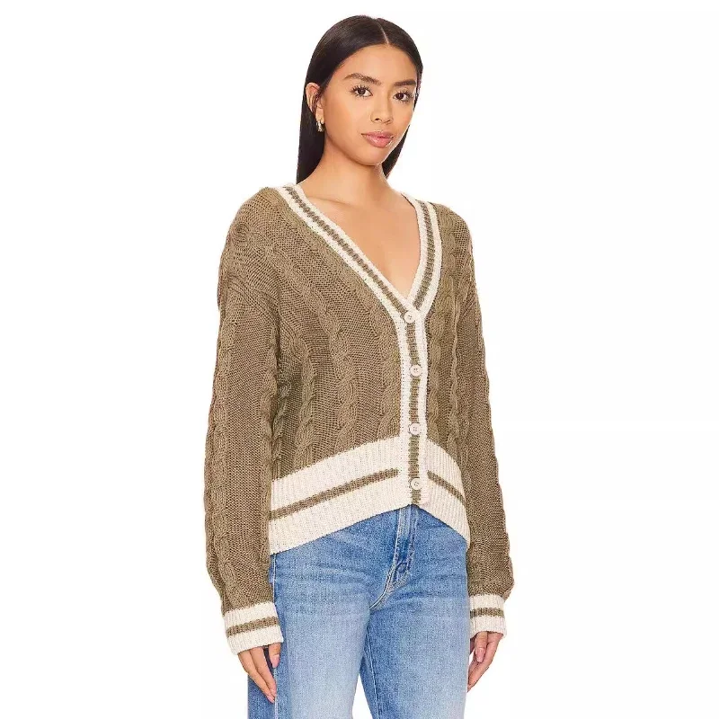 Autumn And Winter Knitting Cardigan Women\'s V Neck Color Blocking Fried Dough Twists Loose Knitting Sweater Cardigan Women