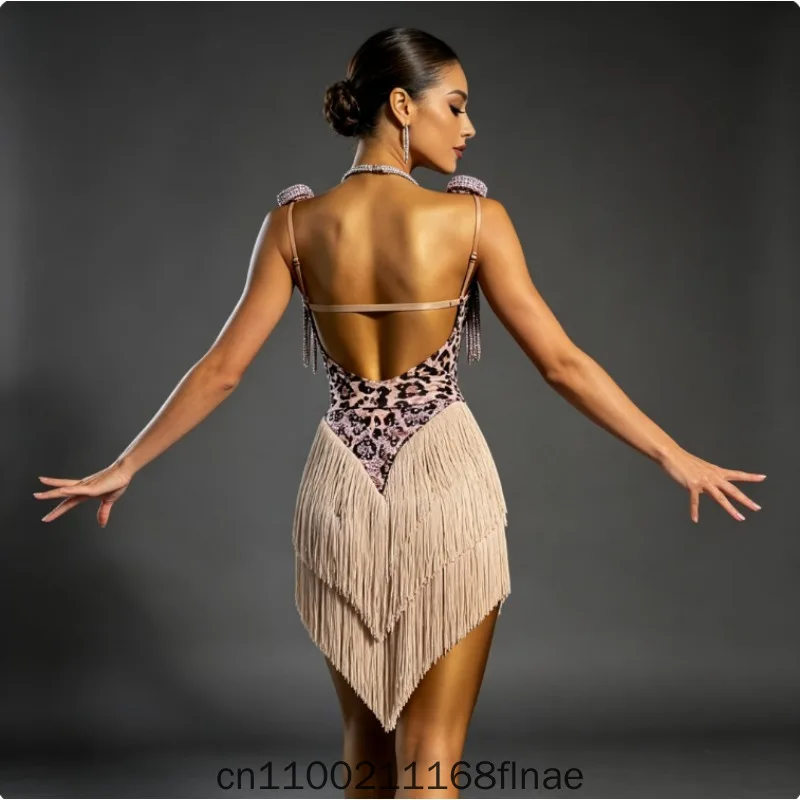 High End Latin Dance Dress, Adult Leopard Print Competition, Children's Tassel Dress, Professional Art Examination Clothing