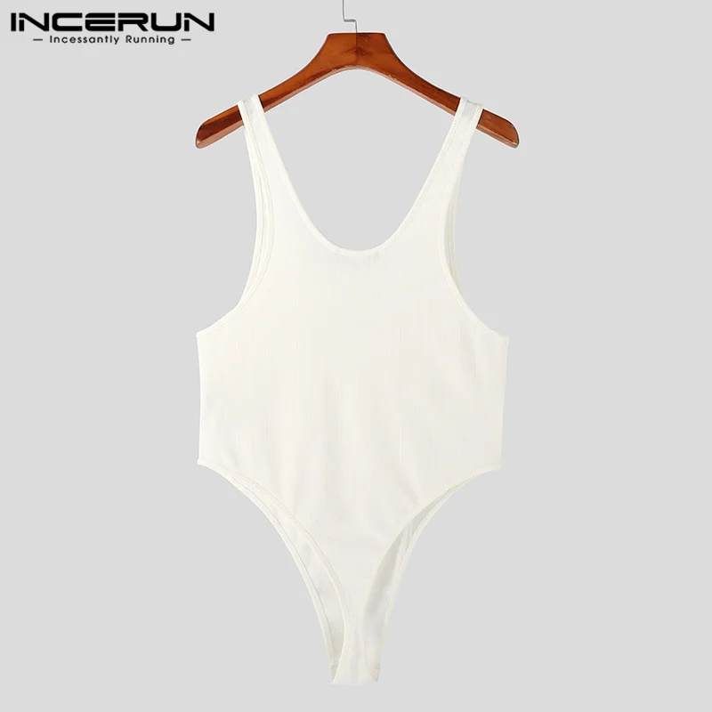 Incerun-bodysuit sem mangas para homens, cor sólida, redondo-colar, pijama sexy, roupas de verão, aconchegante, tamanho s-5xl, 2023