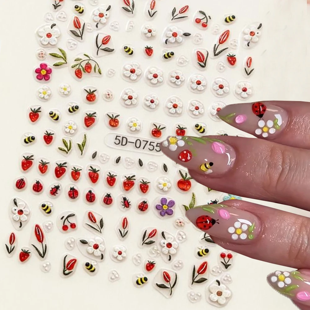 1PCS Cute Ladybug White Daisy Flower Nail Sticker 5D Embossed Tulip Green leaves Strawberry Bee Spring Nail Decals DIY NAIL DECO