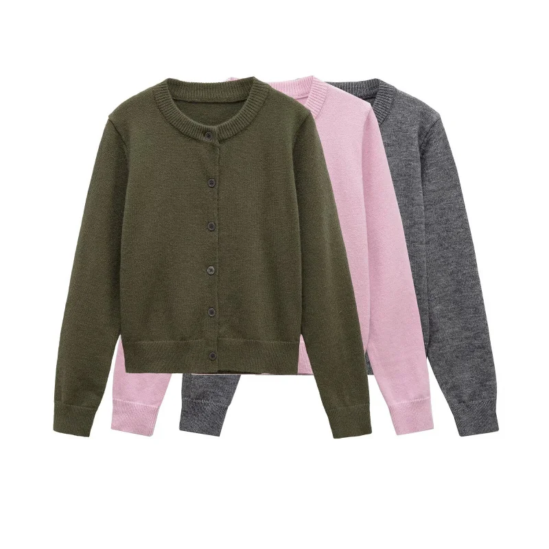 

Women's 2025 New Arrival Pure Color Round Neck Knitted Cardigan Sweater Coat Warm and All Match Wool Blend