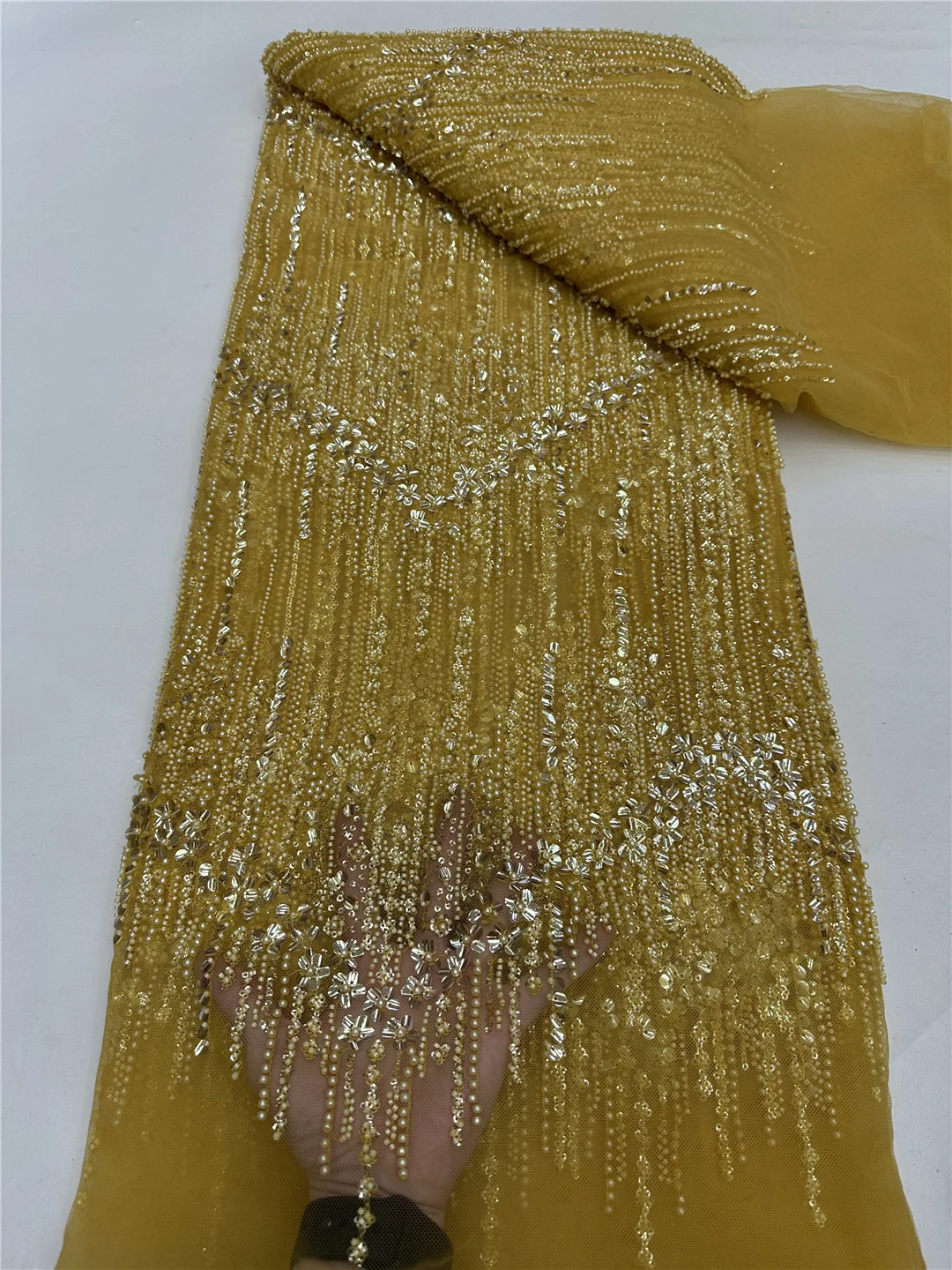 Tessuto africano del pizzo 2025 Paillettes francesi di alta qualità Perline ricamate Tessuto di pizzo tulle per il vestito da festa-RF
