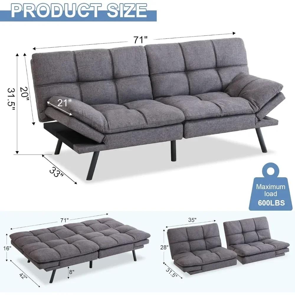 Futon Sofa Bed,Memory Foam Futon Convertible Couch Bed Sleeper,Adjustable Backrests Armrests,for Living Room,Small Space,Office