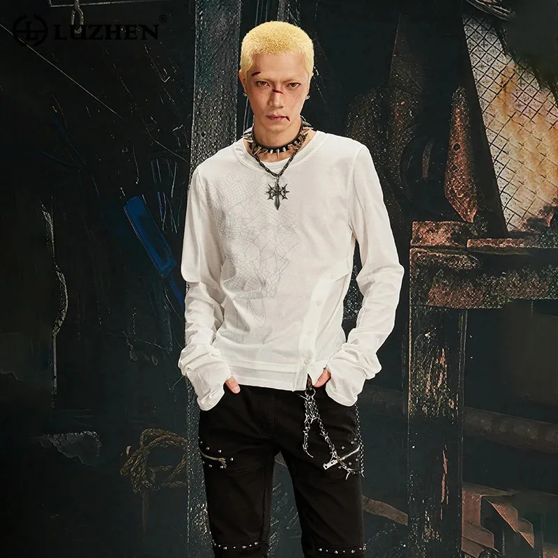LUZHEN Printed Y2K Style Graffiti 2026 Hem Double New Layer Round Neck Long Sleeve T-shirts Men's Fashion Handsome Tops JY8561