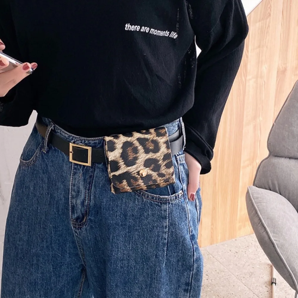 

Detachable Leopard Print Mini Waist Bag Stripe Flap Coin Purse Small Square Bag PU Leather Women Belt Bag Girl