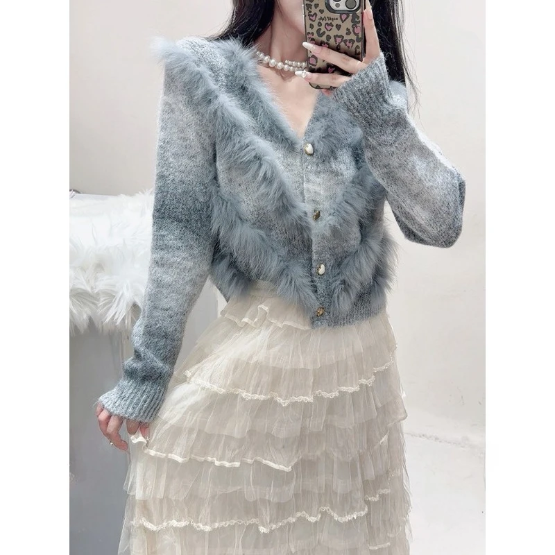 2025年秋 レディース ショートファートリムニットカーディガン ボタン付き 本物のフォックスファー ストライプコート アウター 女性用ファーセーター