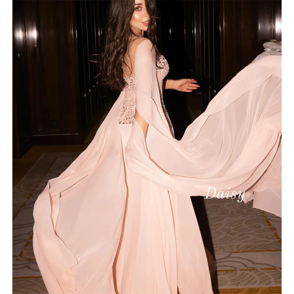 Amanda Customized Sweetheart Neck Long Sleeve Chiffon Evening dresses Prom dresses A-Line Blush Pink Glitter Airy Birthday dress