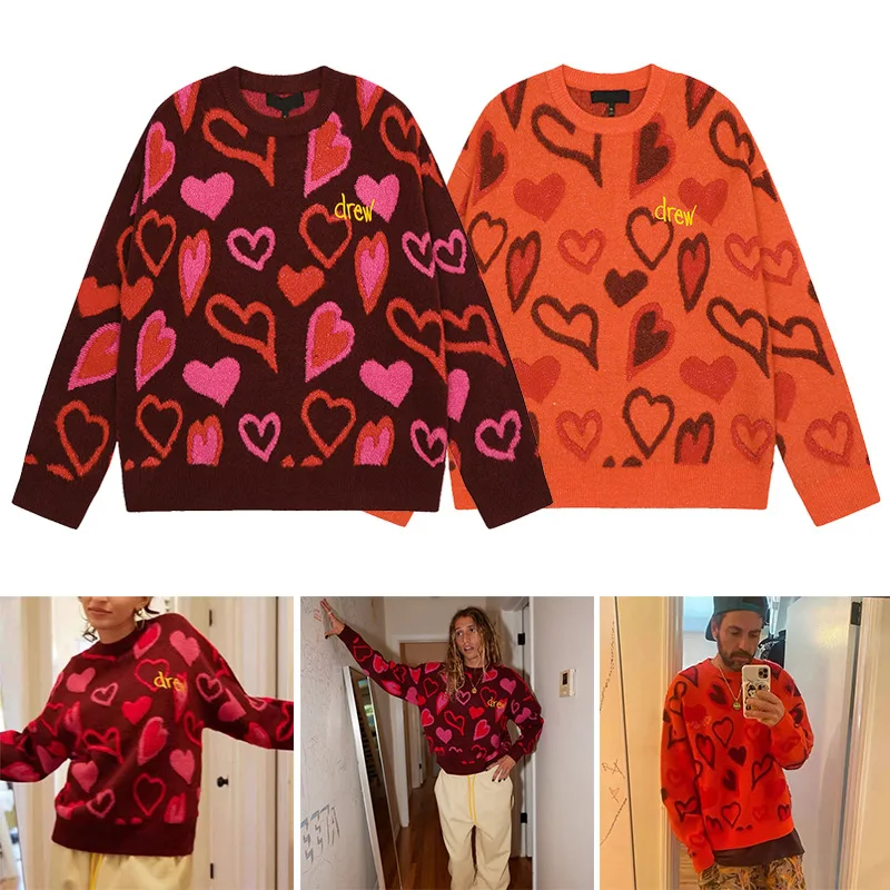 Drew House Premium Quality Embroidered Letter Heart Jacquard Knit Sweater Retro Oversized Casual Unisex Sweater