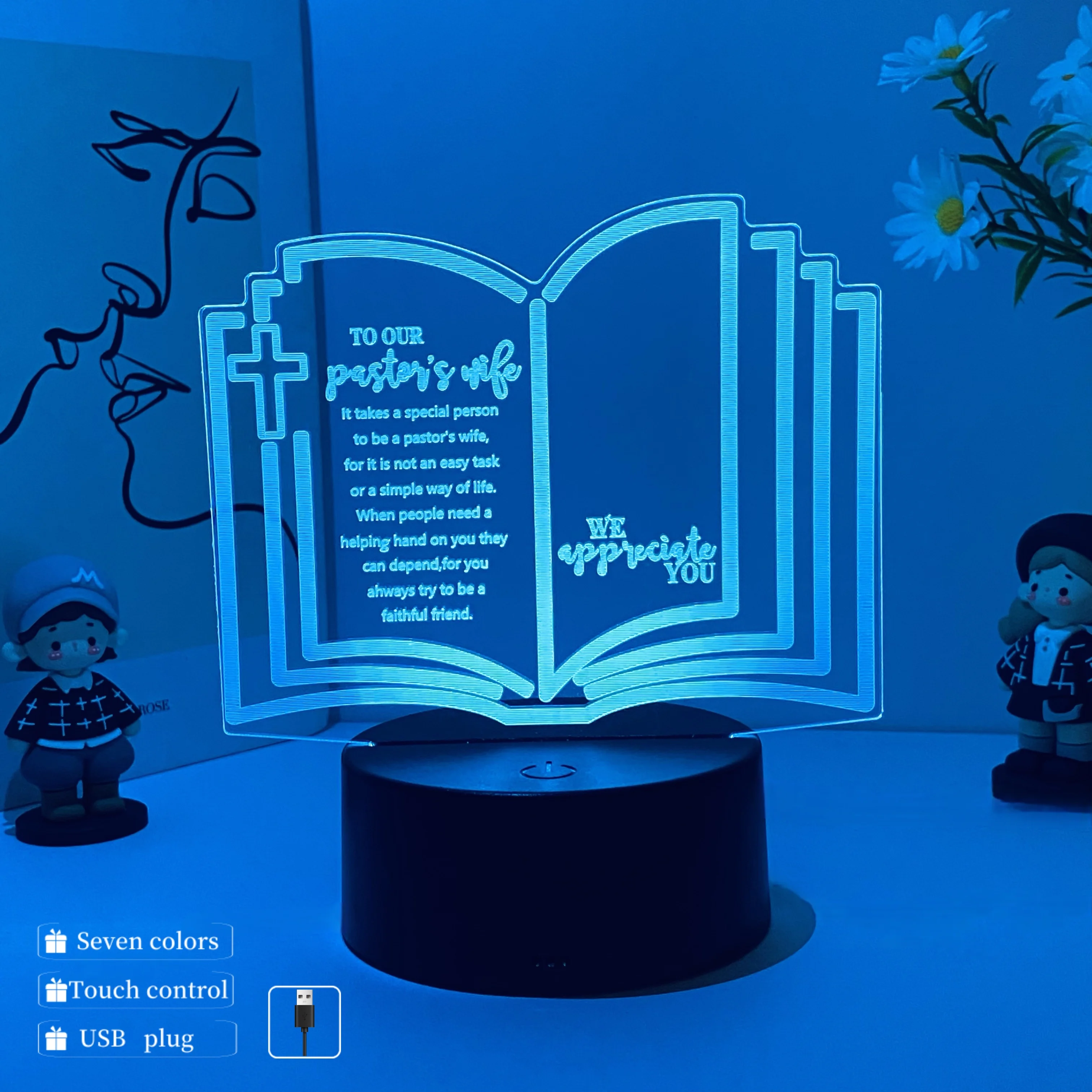 1pcs Bible 3D nightlight, bedroom study atmosphere light, holiday gift table light, USB decorative light, multi-color optional.