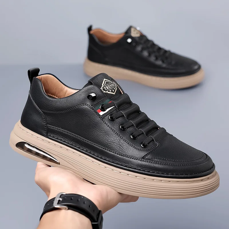 

New Shoes for Men Genuine Leather Casual Shoes Spring Autumn Fashion Black Flat Skateboard Shoes Youth Street Cool Sneakers