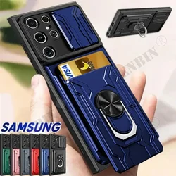 Case For Samsung S24 S23 S22 Ultra Plus S23 FE A55 A15 A25 Slide Stand Ring 360 Magnetic Camera Military Grade Card Slot Cover
