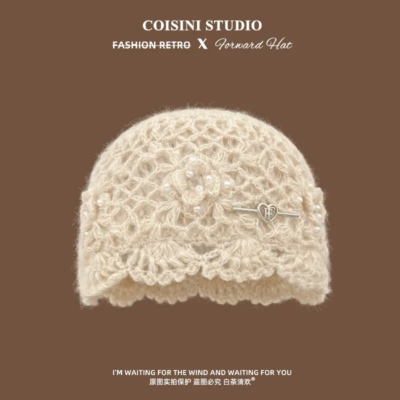 Böhmischer Stil, handgemachter, gehäkelter, hohler Pullover, Wintermütze für Damen, Sommer- und Herbstmütze mit Perlenverzierung, Kuppel-Skull-Beanie. – Detail 2