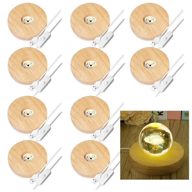 10 Pcs Wooden LED Display Bases Round Wood Display Lighted Bases For Glass Art LED Lighted Display Stand Bases