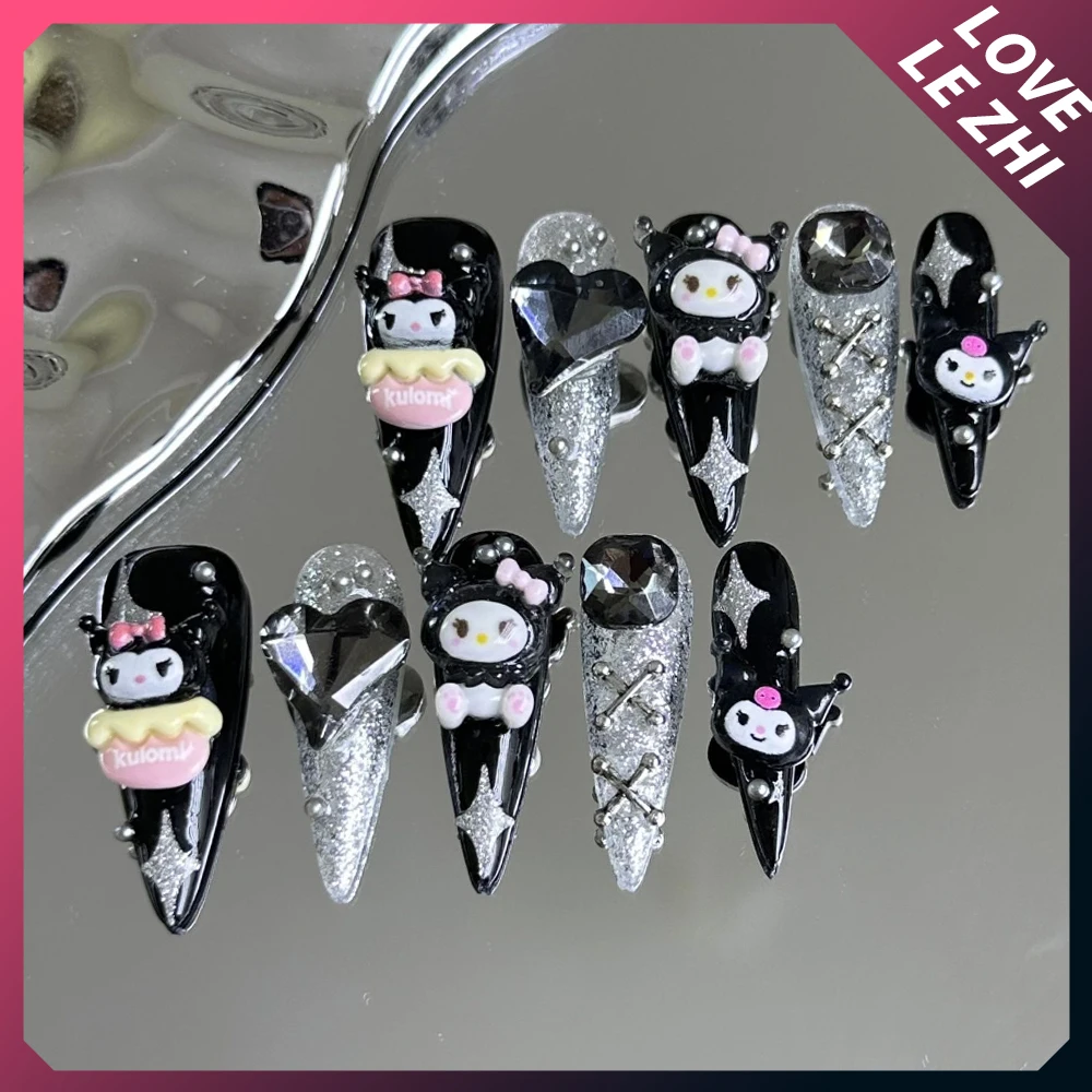 

10Pcs Y2K Sanrio Kuromi Handmade Press On Nails 3D Long Stiletto Silver Glisten Love Rhinestones Detachable Party Fake Nail