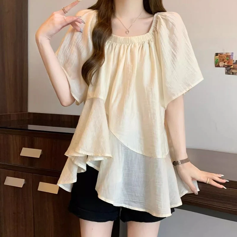 French Style Irregular Super Fairy Short Sleeves Cotton Linen Shirt for Women\'s Summer New Loose Slimming Belly Covering Top