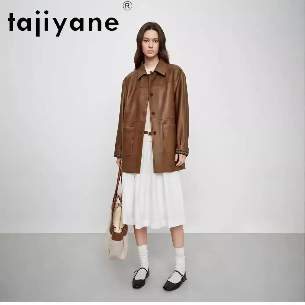 TAJIYANE Real Sheepskin Genuine Leather Jacket Women Luxury New Arrivals Long Leather Coat Fall Clothes 2024 дубленка женская