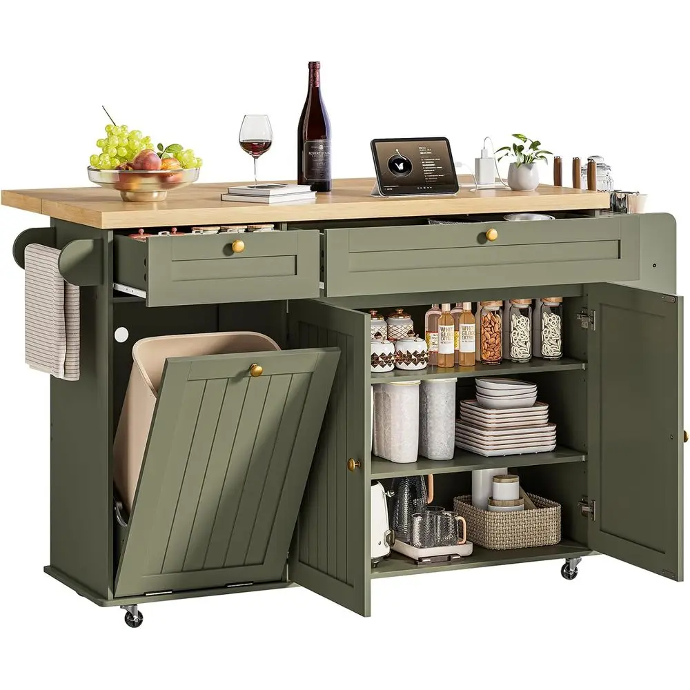 

60 Kitchen Island with Built-In Power, Drop Leaf, Spice & Towel Racks, and Trash Storage