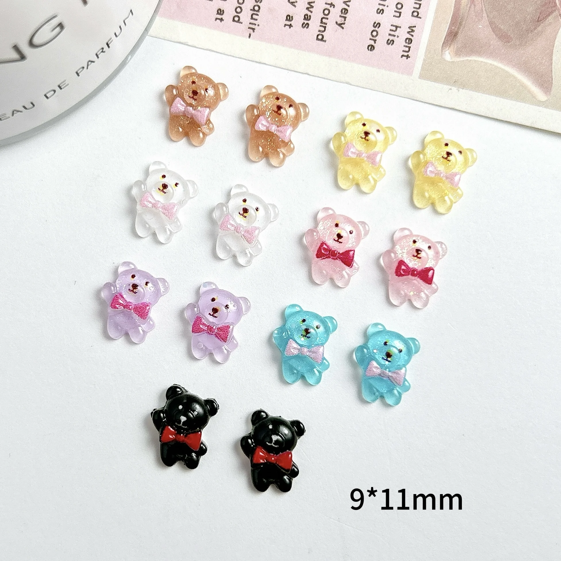 30Pcs Cartoon Translucent Bear Nail Charms Luminou Kawaii Colorful Tie Bear Resin Nail Art Accessories for DIY Nails Decorations